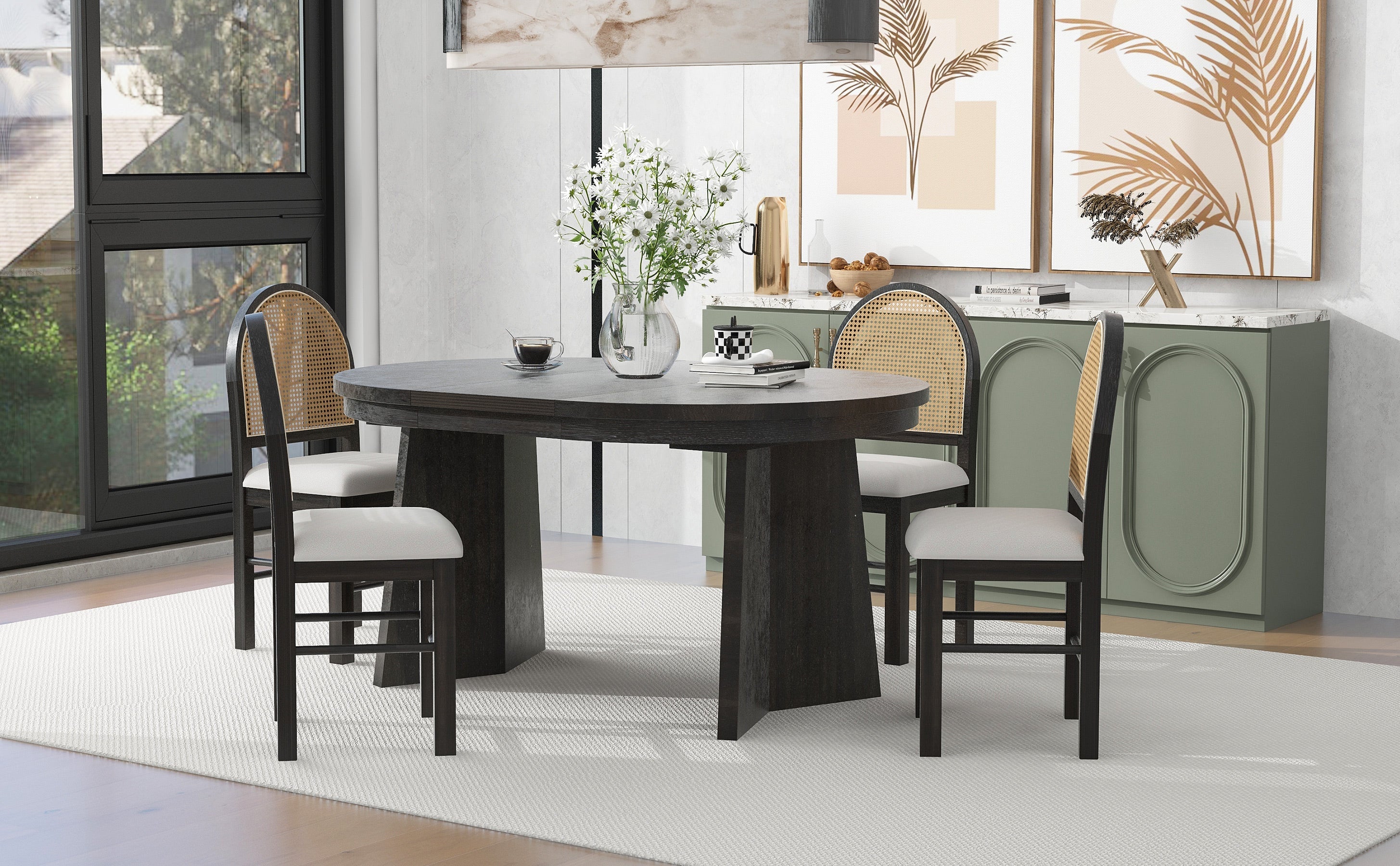 TREXM 5-piece retro functional cutlery set with 1 expandable dining table and 4 cushioned chairs with rattan backrests (espresso