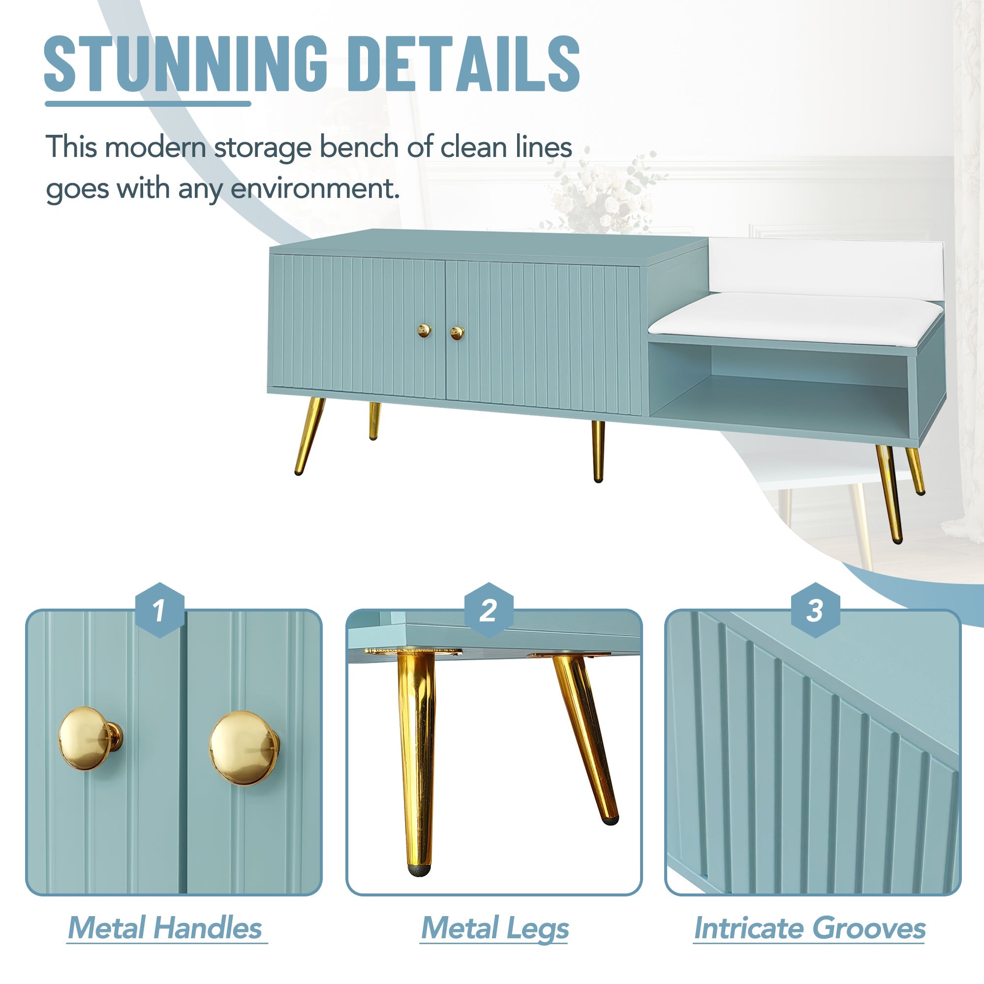 Modern Shoe Storage Bench with Hidden Storage and Upholstered Cushions for Bedside, Living Room and Entryway (Tiffany Blue)