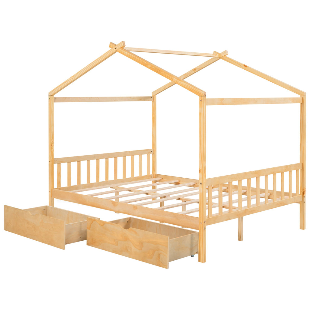 Full Size House Platform Bed with Two Drawers,Headboard and Footboard Roof Design Natural