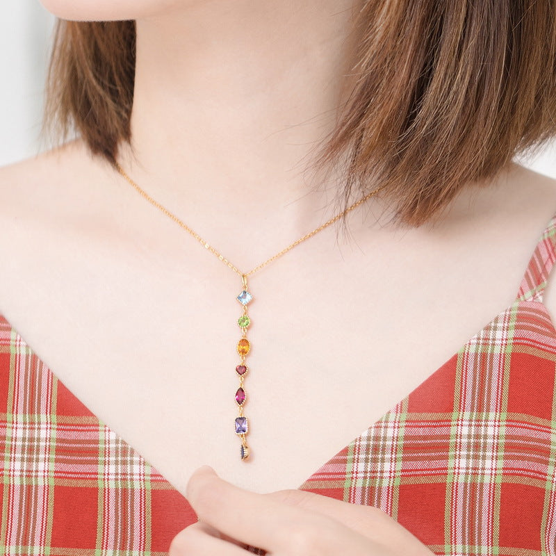 Light luxury rainbow zircon geometric 925 sterling silver gold-plated pendant