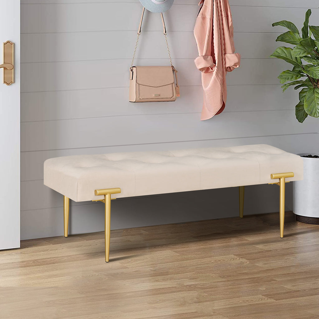 48'' Modern Ottoman Bench Velvet Bench Upholstered Footrest With Gold Metal Legs And Padded Seat For Bedroom Living Room