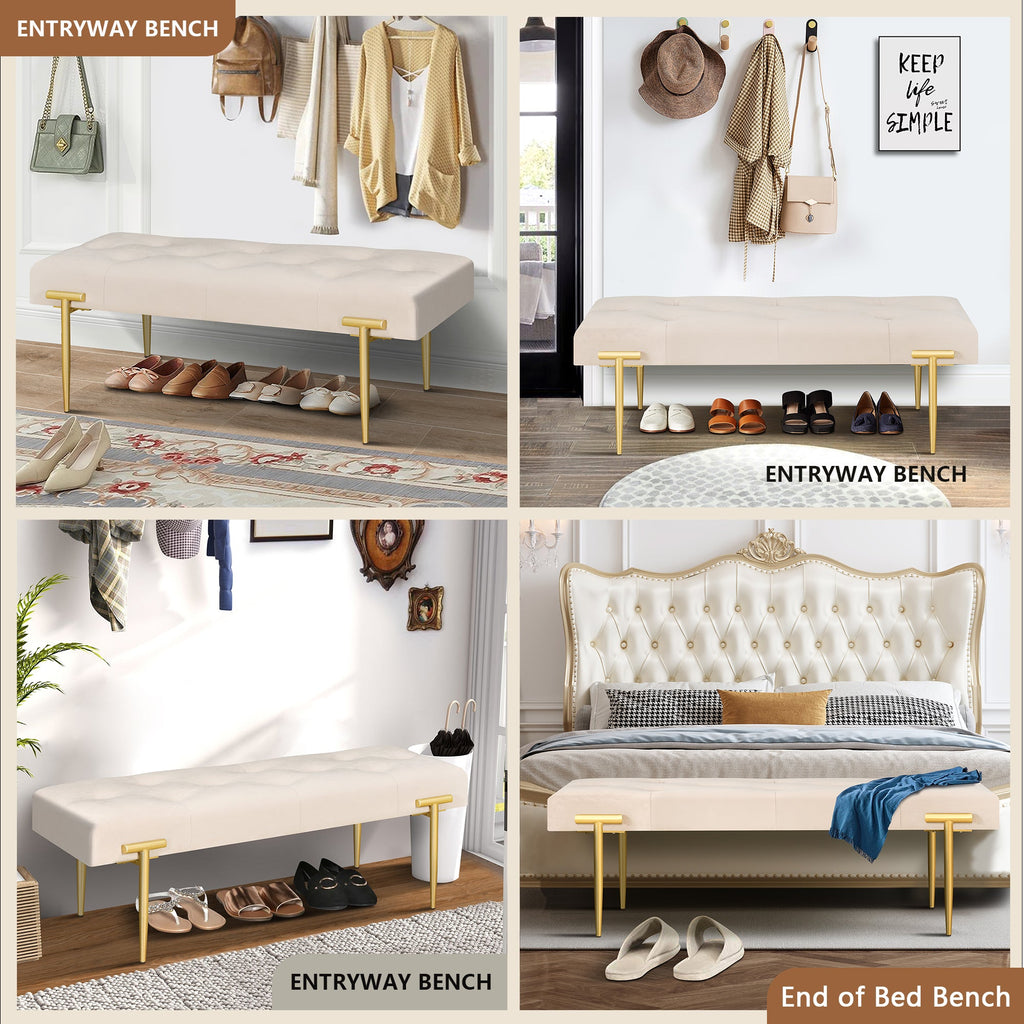 48'' Modern Ottoman Bench Velvet Bench Upholstered Footrest With Gold Metal Legs And Padded Seat For Bedroom Living Room