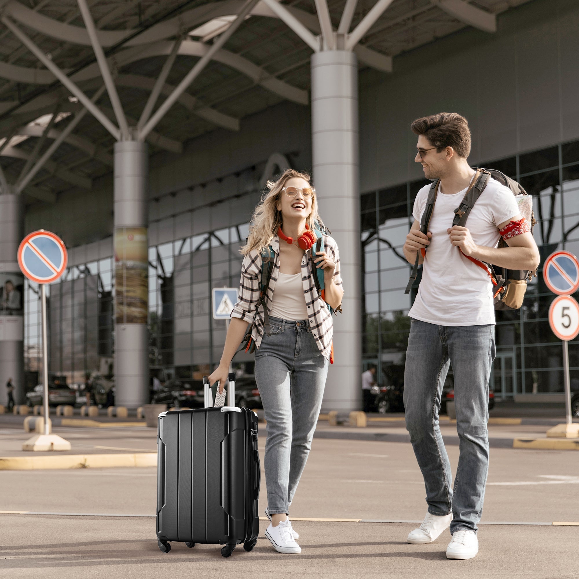 Hardshell Luggage Spinner Suitcase with TSA Lock Lightweight Expandable 24'' (Single Luggage) Black + ABS + 24 Inch