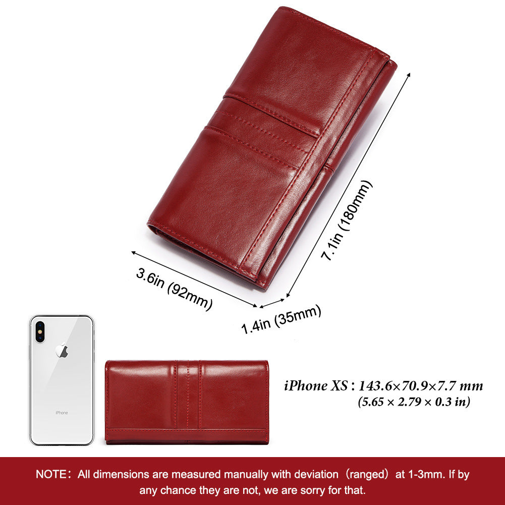Anti-Theft Brushed Genuine Leather Ladies Wallet Top Layer Cowhide Long Women's Bag Multi-Card Card Holder Mobile Phone Bag Clutch Bag