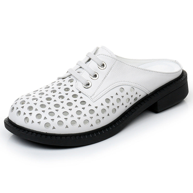 Cave shoes real leather flat heel thick sole hollowed out sandals women's slippers round toe