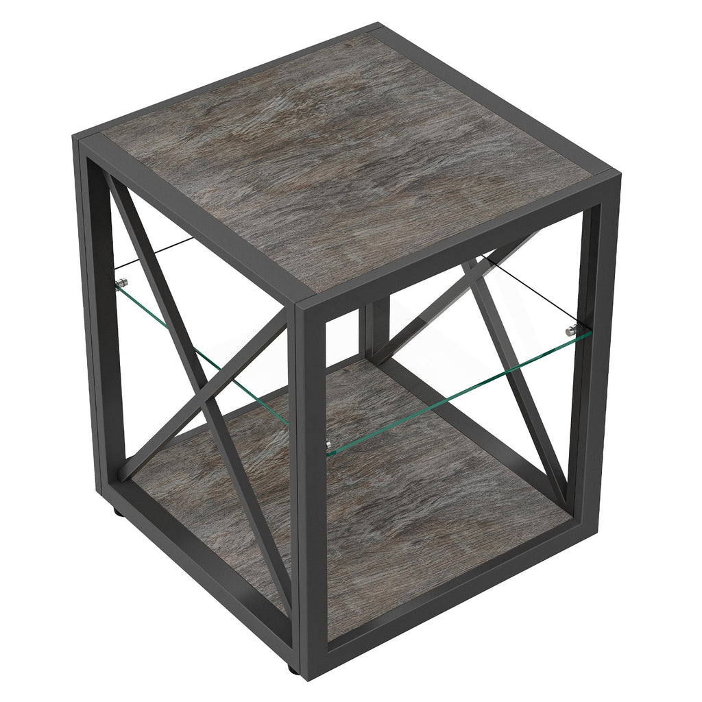 Modern End Table Nightstand with Tempered Glass & Wood Grain MDF