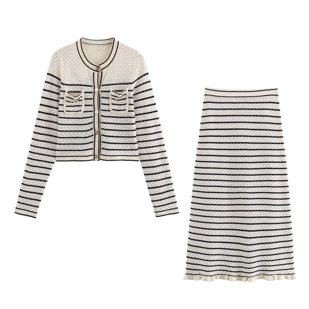 Color blocking striped women's knitted sweater top+striped hollow knitted skirt set for women