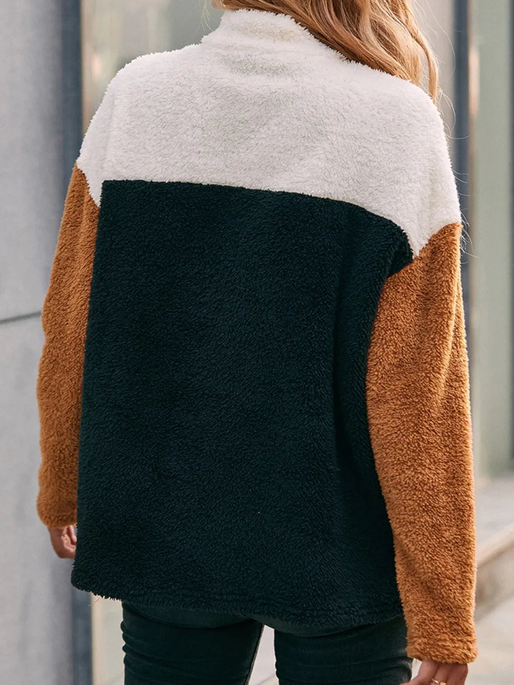 Double sided plush contrasting patch pocket hoodie color blocked plush top for women