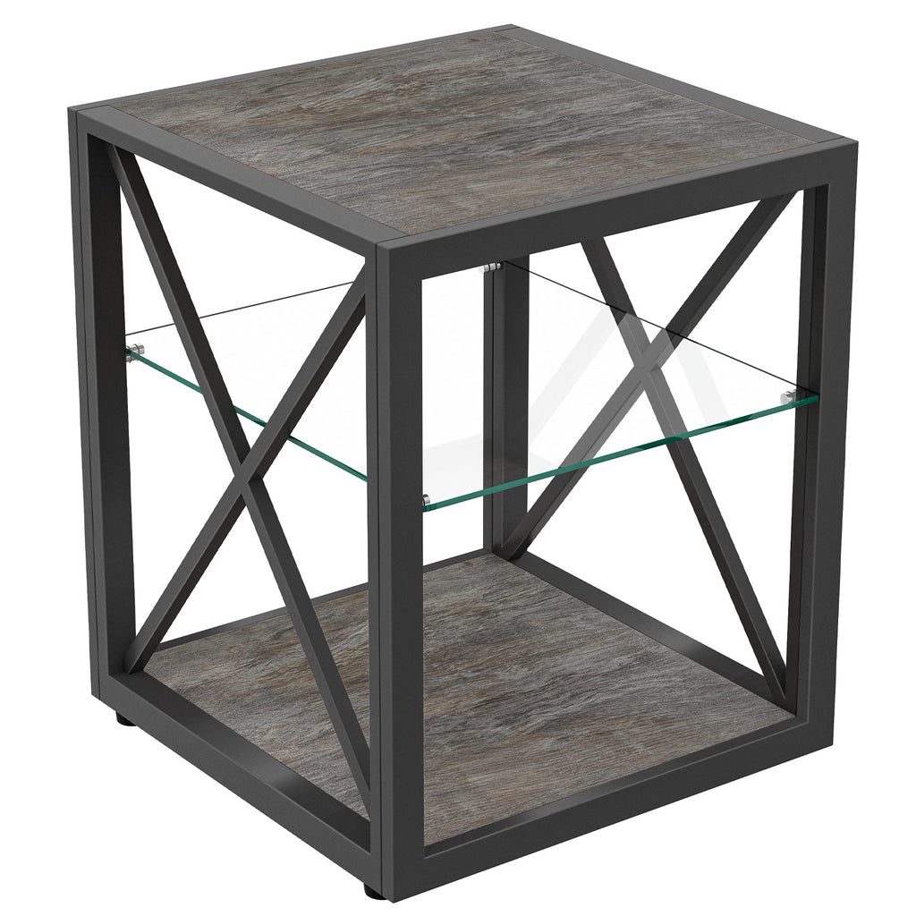 Modern End Table Nightstand with Tempered Glass & Wood Grain MDF