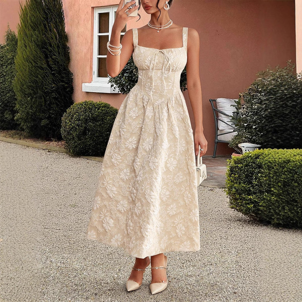 Embroidered suspender waistband dress