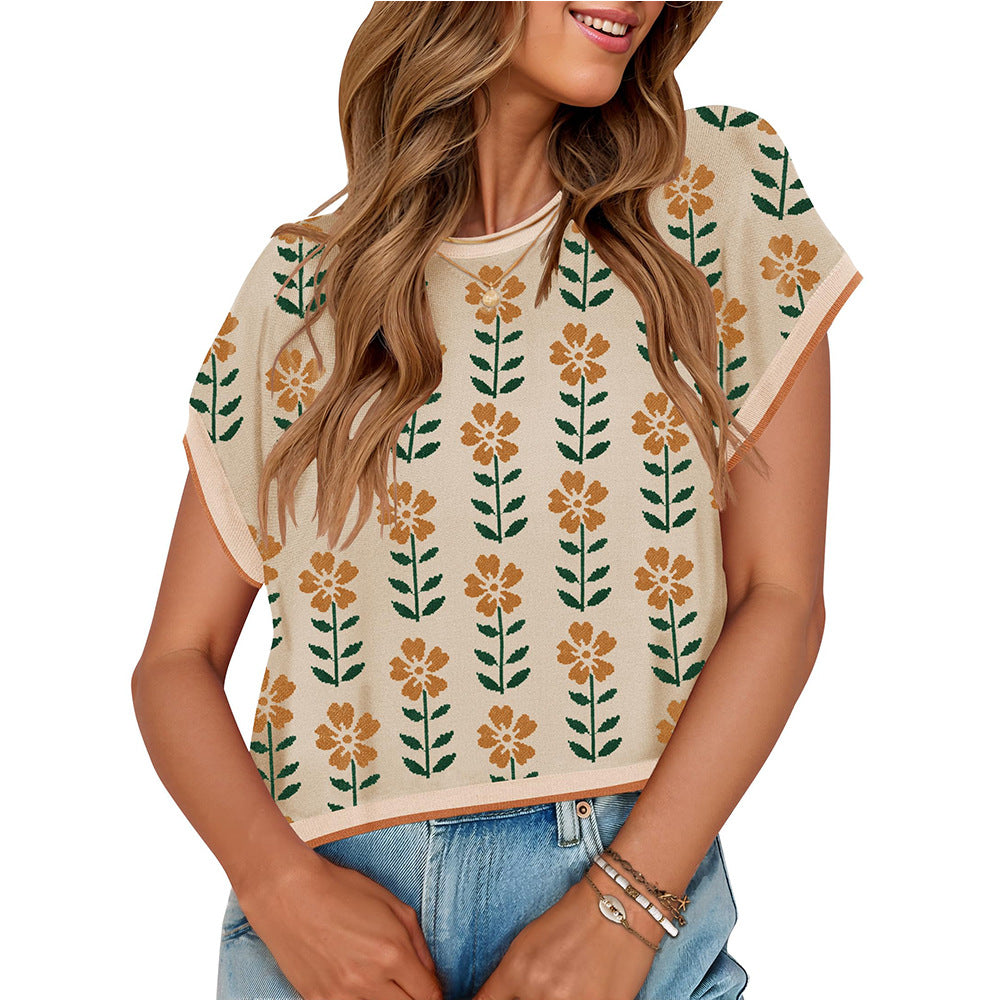 European and American round neck knitted small flower top