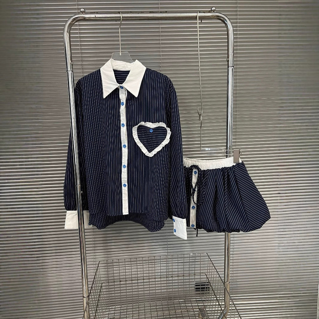 Fashion contrasting polo collar heart striped shirt top women's spring floral bud fluffy half skirt two-piece set