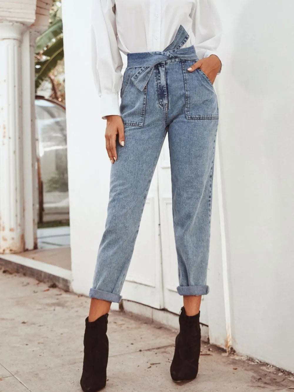 Fashionable and casual high waist slimming straight leg denim pants