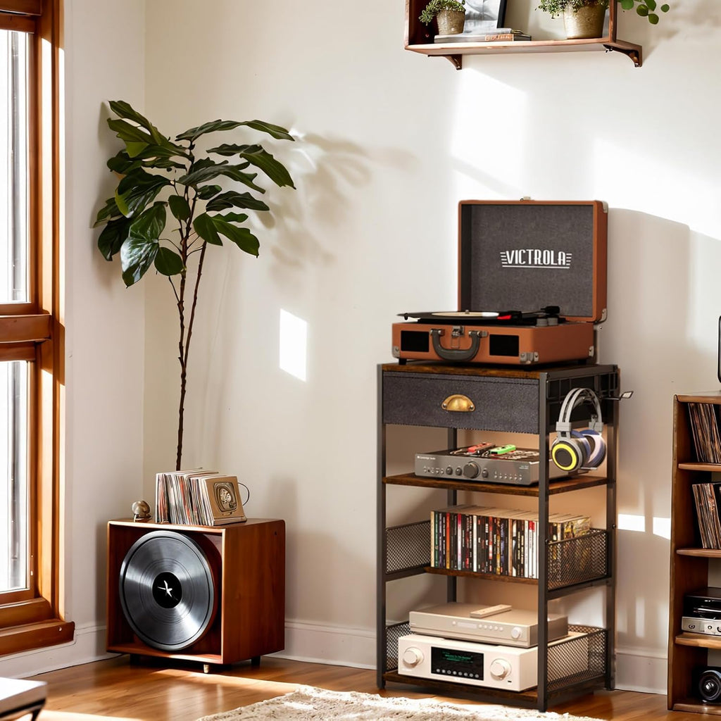4-Tier Media Storage Tower with Drawer, Console Stand for PS5/Xbox/Switch