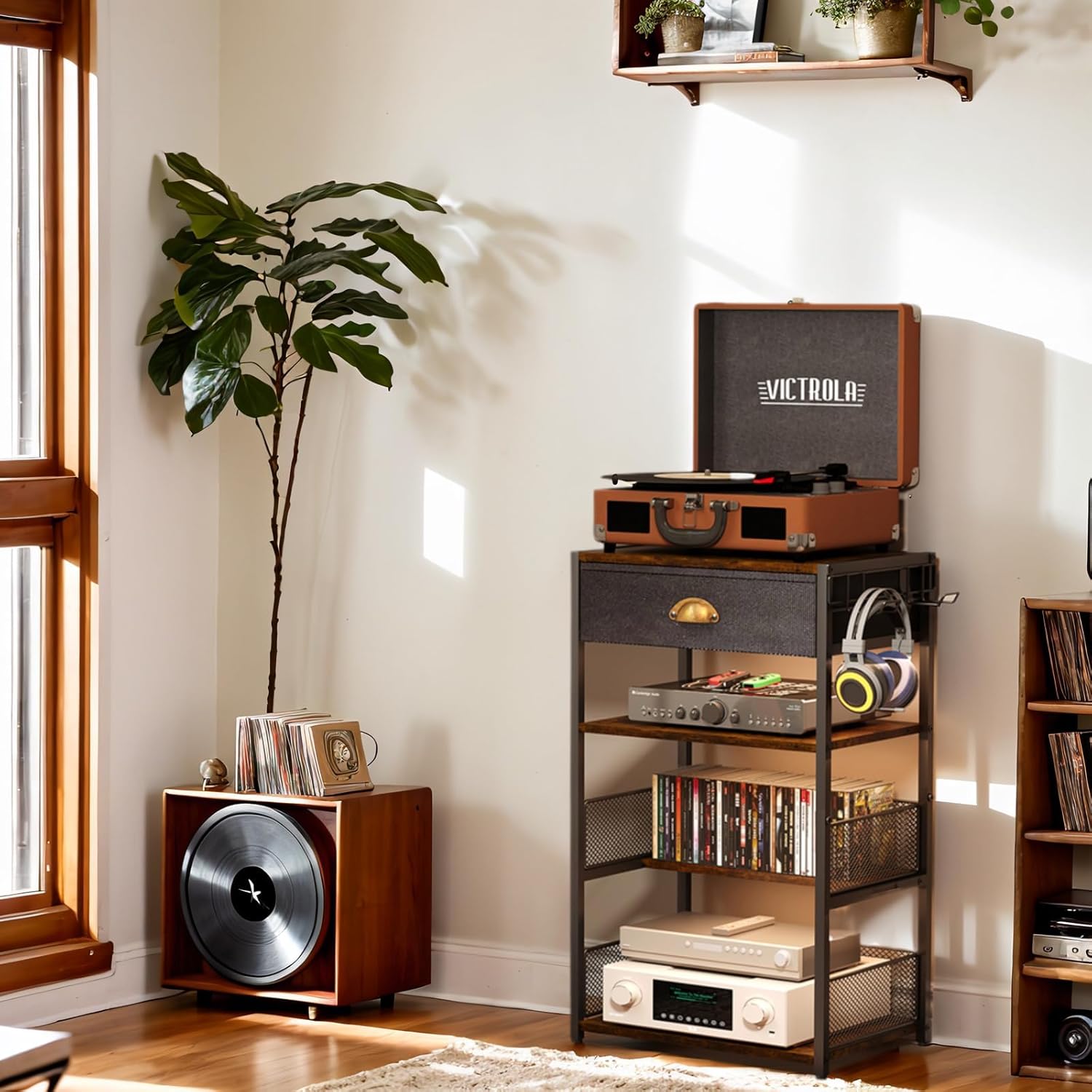 4-Tier Media Storage Tower with Drawer, Console Stand for PS5/Xbox/Switch