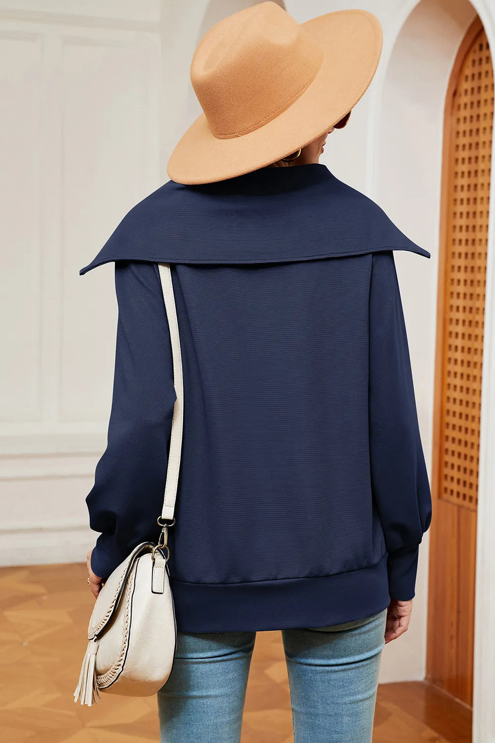 New long sleeved zipper lapel shawl pullover hoodie for women