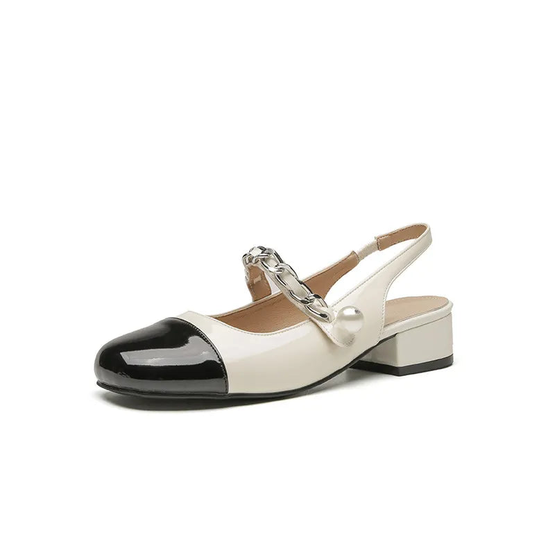 Pearl chain shallow mouth back hollow thick heel color blocked Mary Jane sandals for women