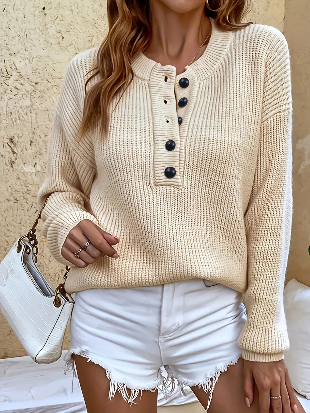 Solid color half cardigan buttoned pullover sweater new casual knit sweater top