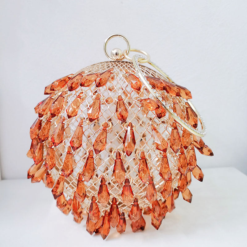 Waterdrop shaped acrylic multi-color selection circular metal birdcage hand-held dinner bag